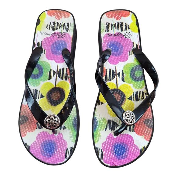 Brighton Flip flop sandals womens sz 8 black floral silver embellishment - Picture 1 of 14